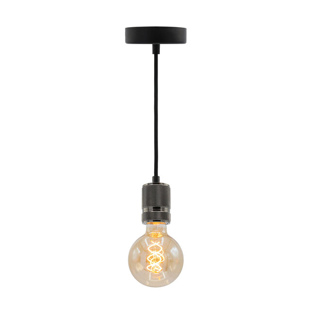 Industriële glanzende zwarte snoerpendel incl. 5W XL lamp, amber glas, 1800K, Ø95