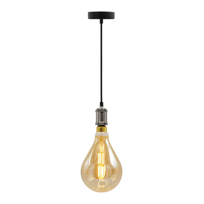 Moderne zilveren snoerpendel incl. 8,5W tot 10W XXL lamp, amber glas, 2000K, Ø160