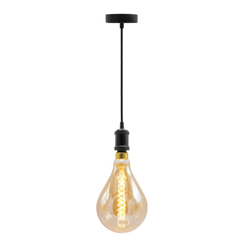 Moderne mat zwarte snoerpendel incl. 8,5W tot 10W XXL lamp, amber glas, 2000K, Ø160