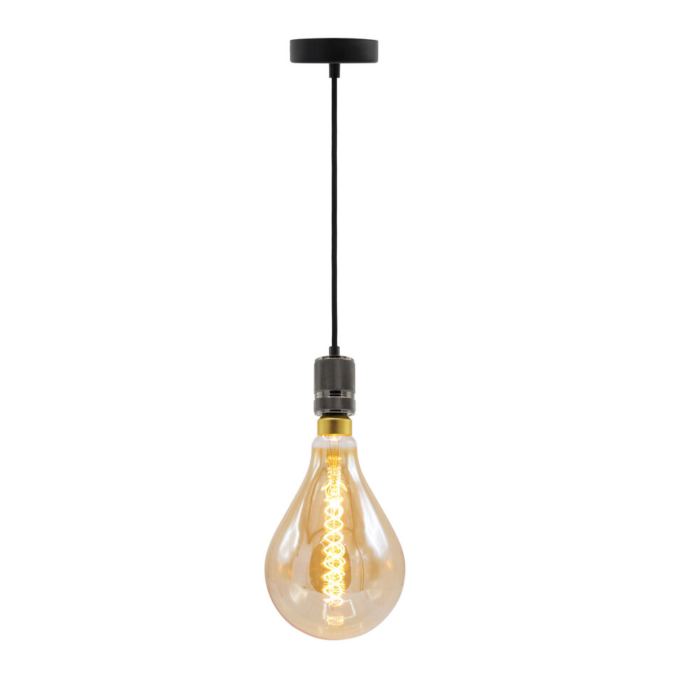 Industriële glanzende zwarte snoerpendel incl. 8,5W tot 10W XXL lamp, amber glas, 2000K, Ø160