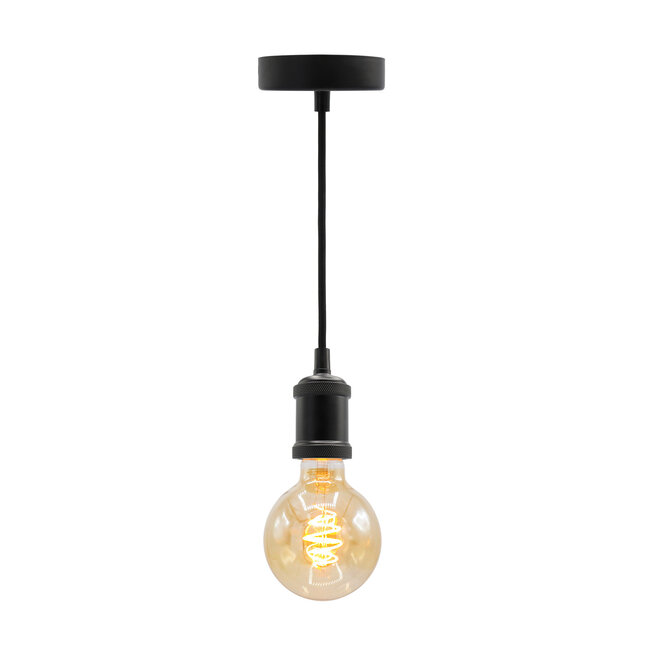 Moderne mat zwarte snoerpendel incl. 5W XL lamp, amber glas, 1800K, Ø95