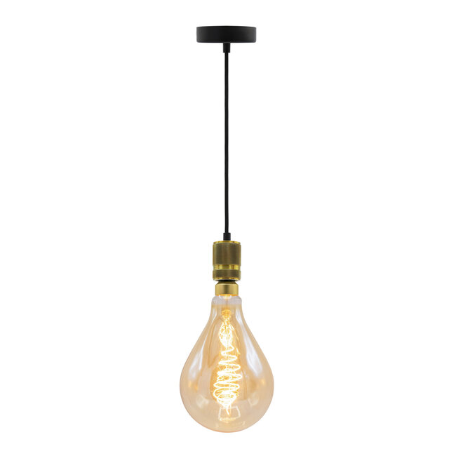 Industriële gouden snoerpendel incl. 8,5W tot 10W XXL lamp, amber glas, 2000K, Ø160