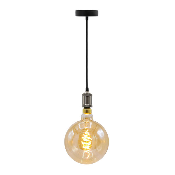 Moderne zilveren snoerpendel incl. 8,5W tot 10W XXXL lamp, amber glas, 2000K, Ø200