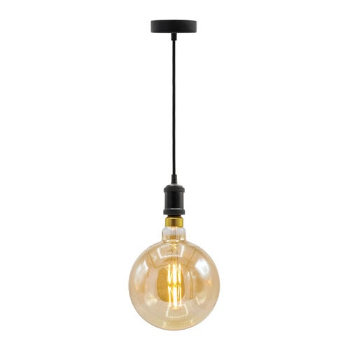 Moderne mat zwarte snoerpendel incl. 8,5W tot 10W XXXL lamp, amber glas, 2000K, Ø200