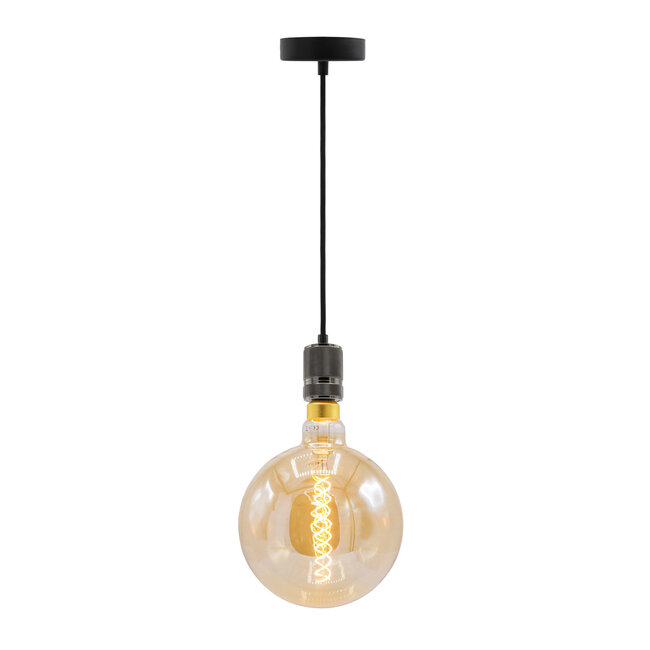 Industriële glanzende zwarte snoerpendel incl. 8,5W tot 10W XXXL lamp, amber glas, 2000K, Ø200