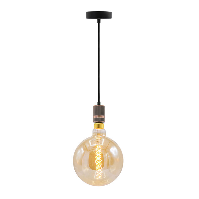 Industriële rosé gouden snoerpendel incl. 8,5W tot 10W XXXL lamp, amber glas, 2000K, Ø200