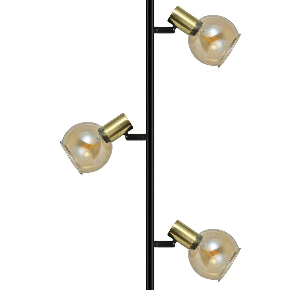 Moderne staande lamp Fayette 3-lichts in zandgoud met amber glas