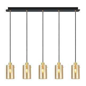 Moderne mat zwarte en zand gouden hanglamp met amberkleurig glas 5-lichts  - Seattle