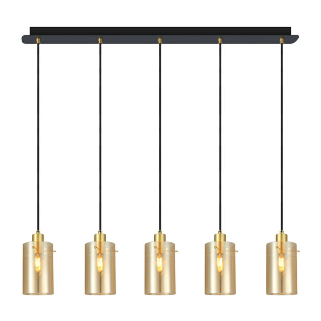 Moderne mat zwarte en zand gouden hanglamp met amberkleurig glas 5-lichts  - Seattle