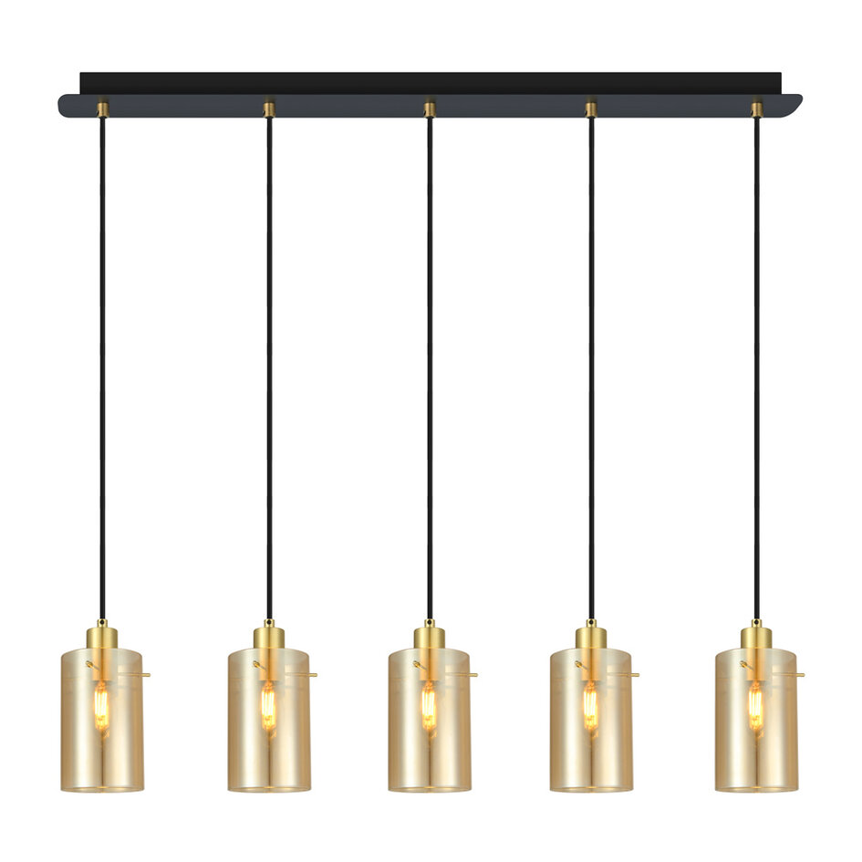 Moderne mat zwarte en zand gouden hanglamp met amberkleurig glas 5-lichts  - Seattle