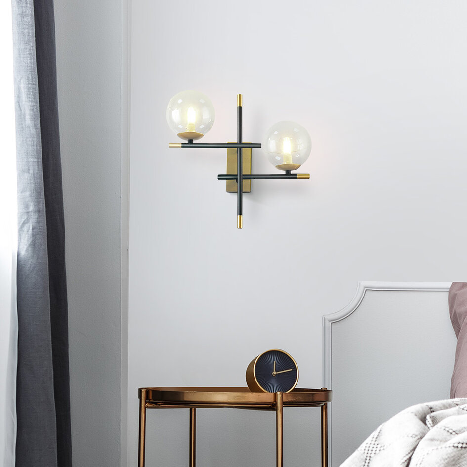 Wandlamp Niya 2-lichts transparant glas - zwart en goud