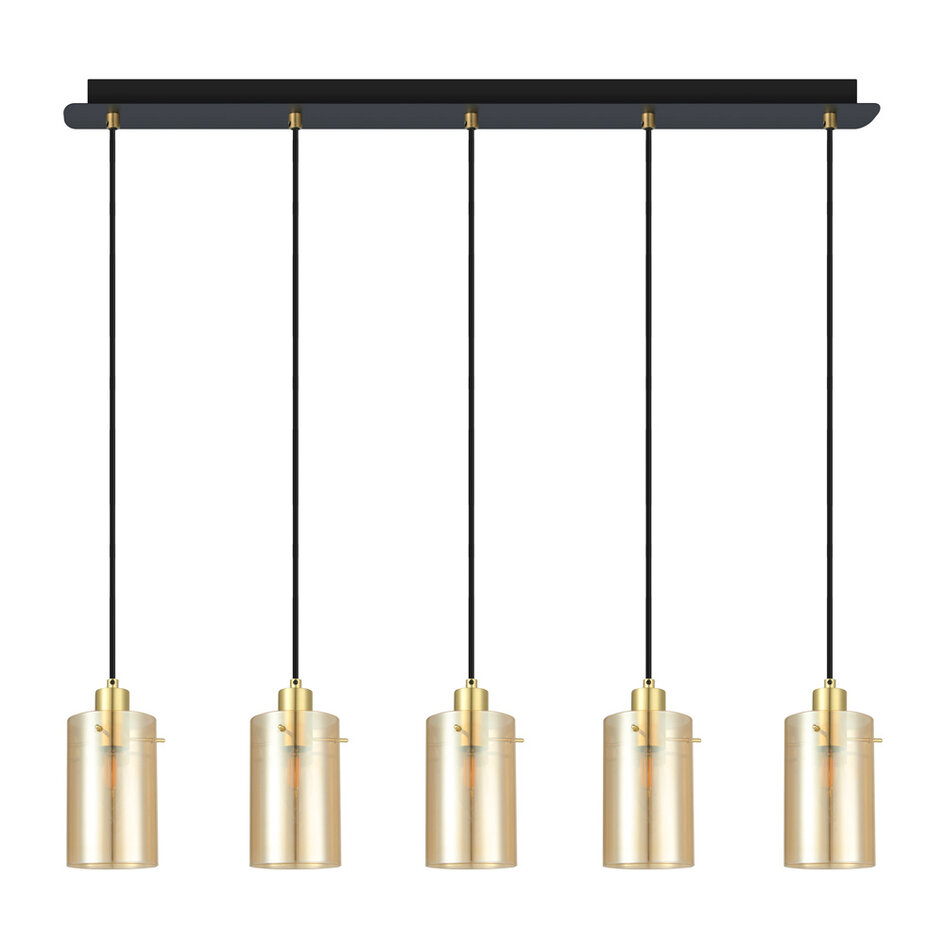 Moderne mat zwarte en zand gouden hanglamp met amberkleurig glas 5-lichts  - Seattle
