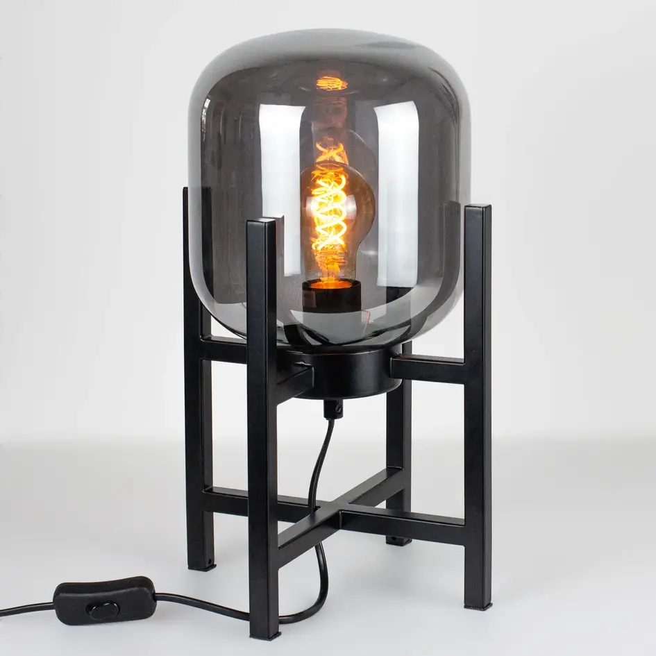 Tafellamp Duuk - smoke glas op zwart metalen frame
