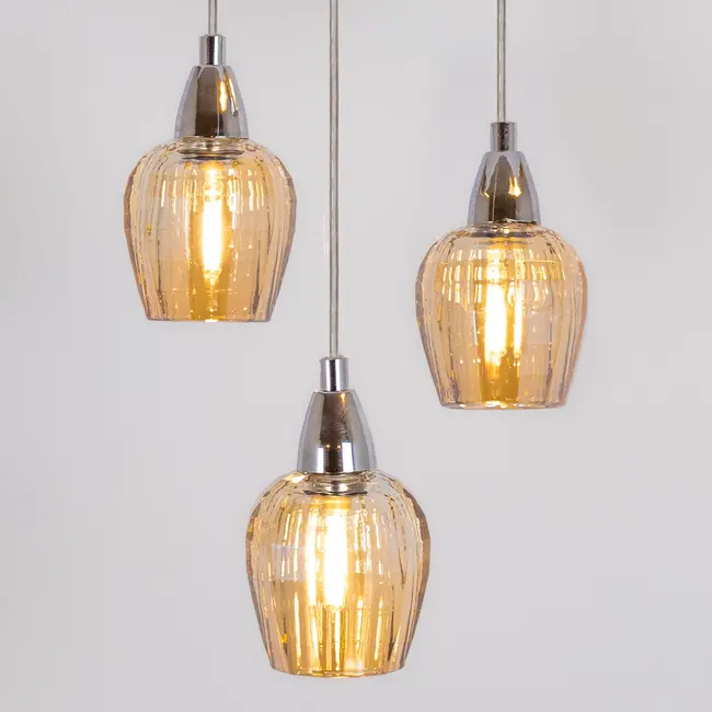 Industriële chrome hanglamp met amber glas, 3-lichts - Vanity