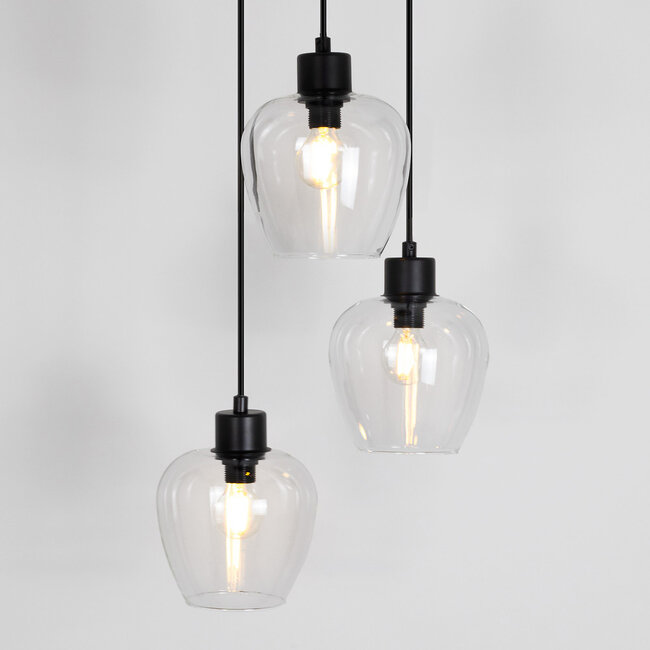 Design mat zwarte hanglamp met transparant glas 3-lichts - Stockton