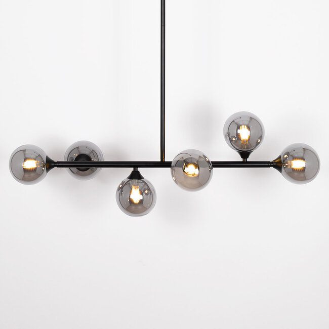 Design plafondlamp zwart met smoke glas, 6-lichts - Aster