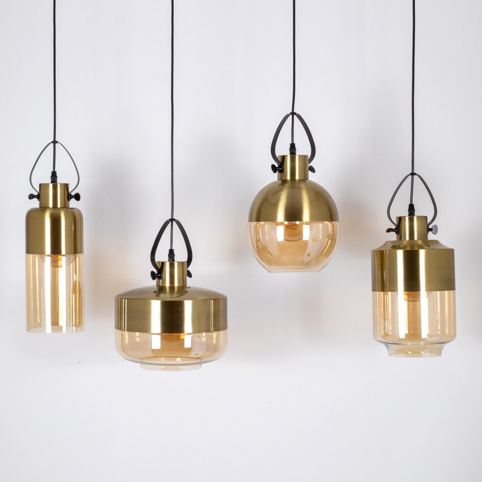 Hanglamp 4-lichts met bronzen details en amber glas - Laure
