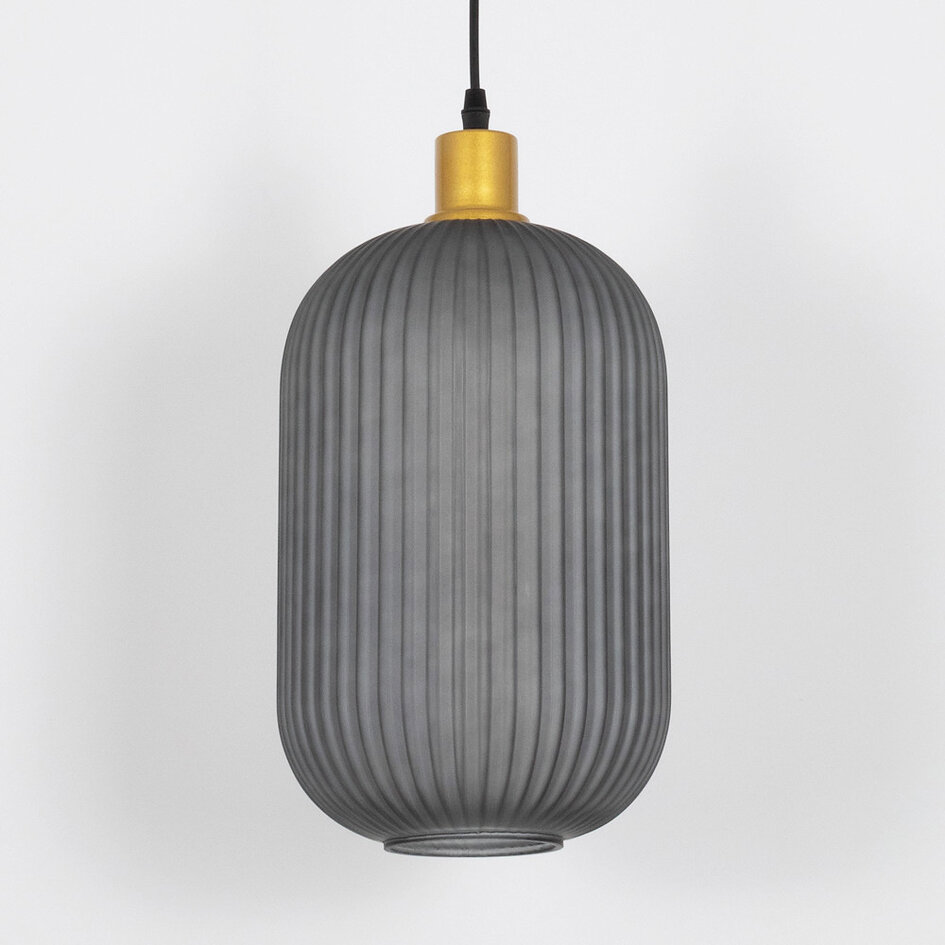 Retro hanglamp Doran van geribbeld glas - grijs en goud