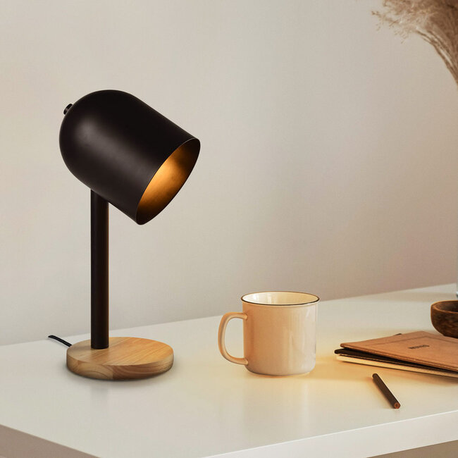 Moderne tafellamp zwart met hout - Spy