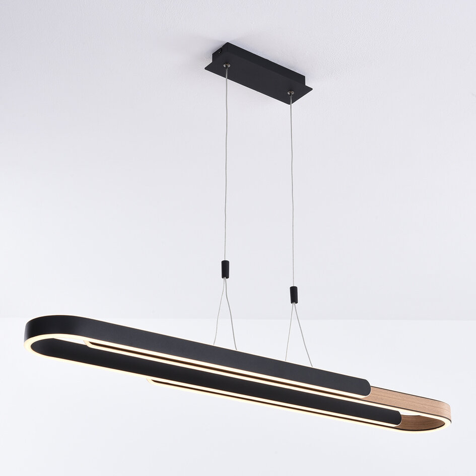 3-staps dimbare design hanglamp Lilia - zwart en houtfineer met geïntegreerde LED