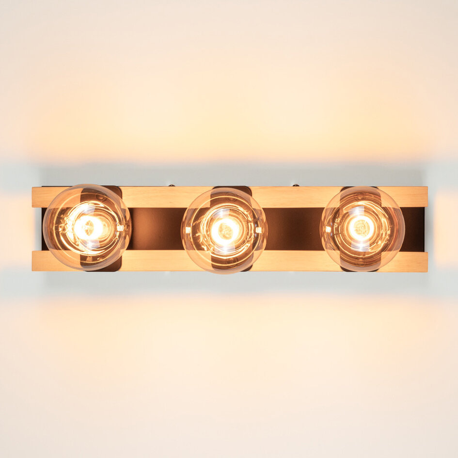 Wandlamp Nolan 3-lichts met houten details - zwart en hout