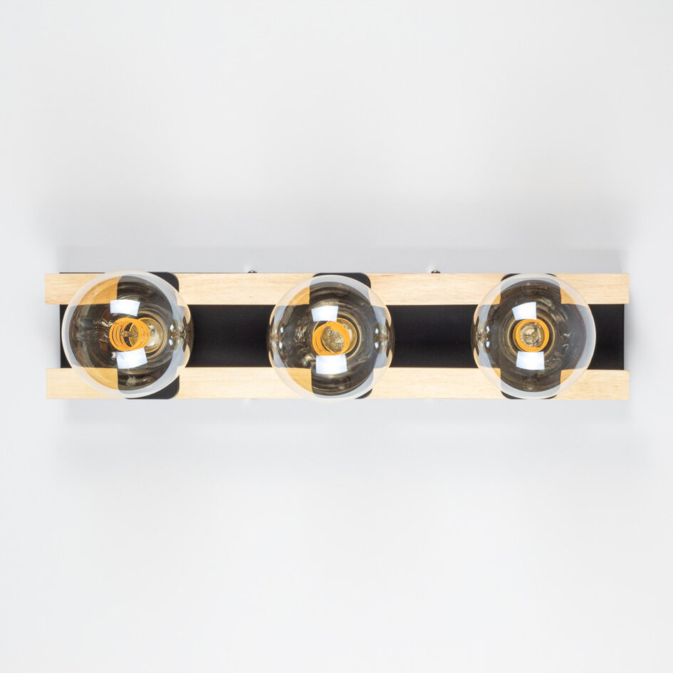 Wandlamp Nolan 3-lichts met houten details - zwart en hout