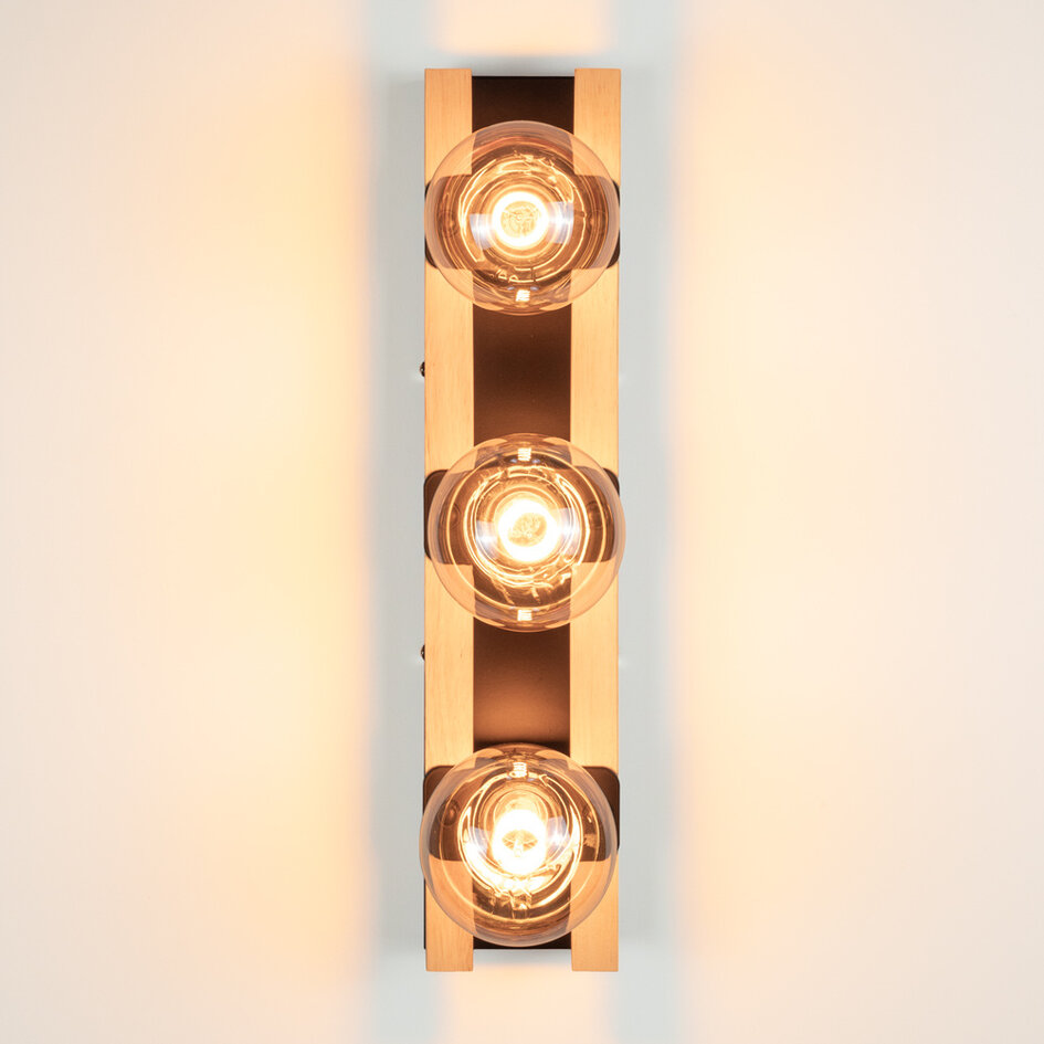 Wandlamp Nolan 3-lichts met houten details - zwart en hout