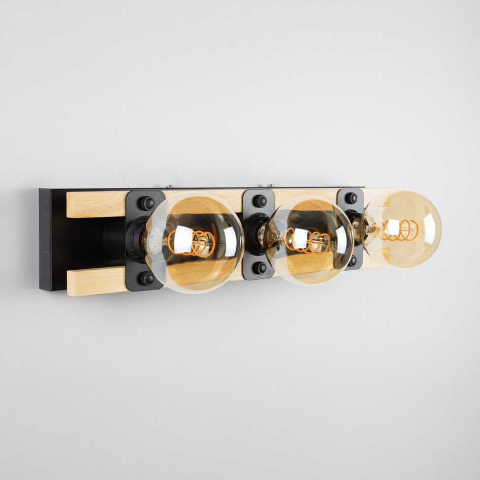 Wandlamp Nolan 3-lichts met houten details - zwart en hout