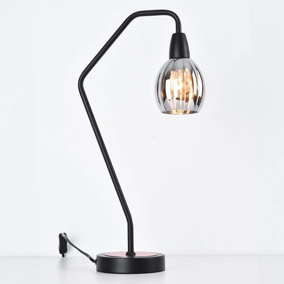 Tafellamp Dewi - zwart met koper en smoke glas