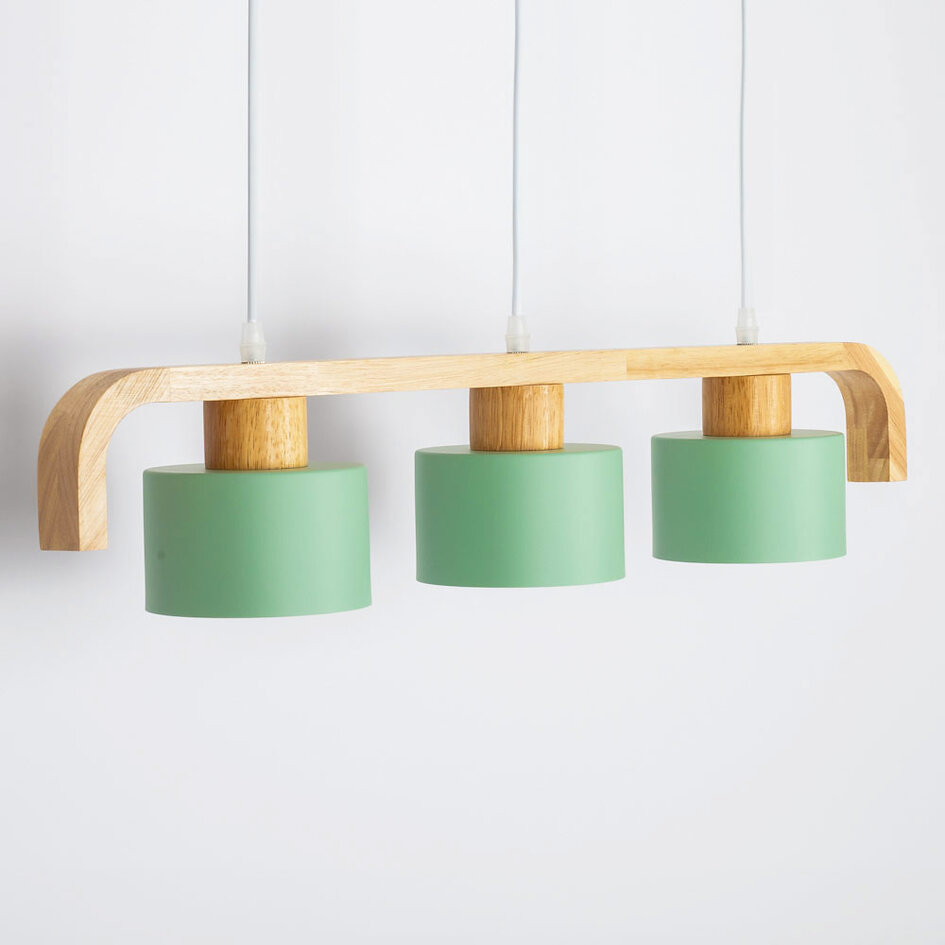 3-lichts hanglamp Rosie - groene kappen met hout