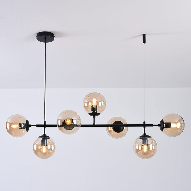 Design hanglamp zwart frame en amber glazen bollen - Hepta