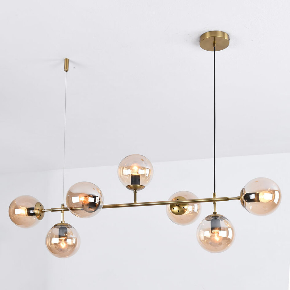 Design hanglamp Hepta met 7 amber glazen bollen
