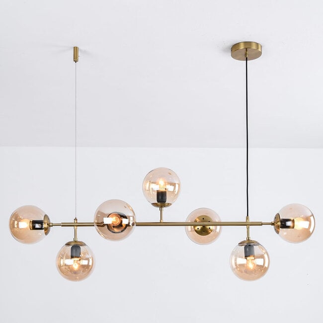 Design hanglamp Hepta met amber glazen bollen