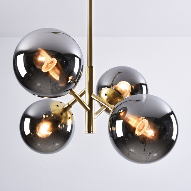 Retro hanglamp goud met smoke glas en spiegeleffect, 4-lichts - Florence
