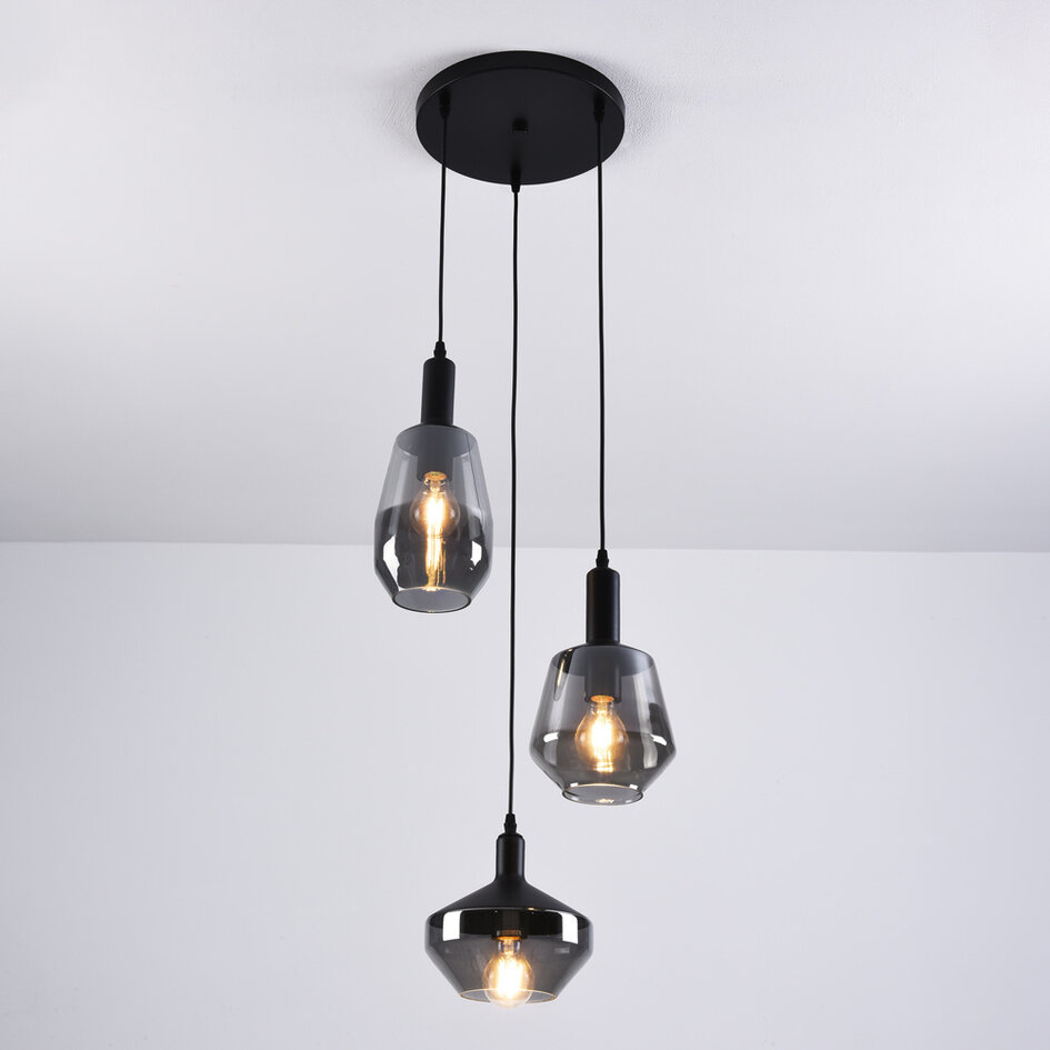 3-lichts hanglamp Mala - smoke glas en zwart