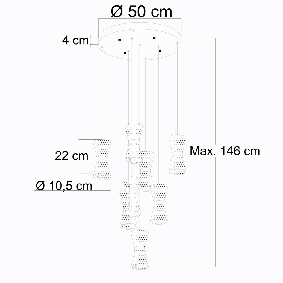 8-lichts hanglamp Aegea - witte hangers met gouden details en geïntegreerde LED