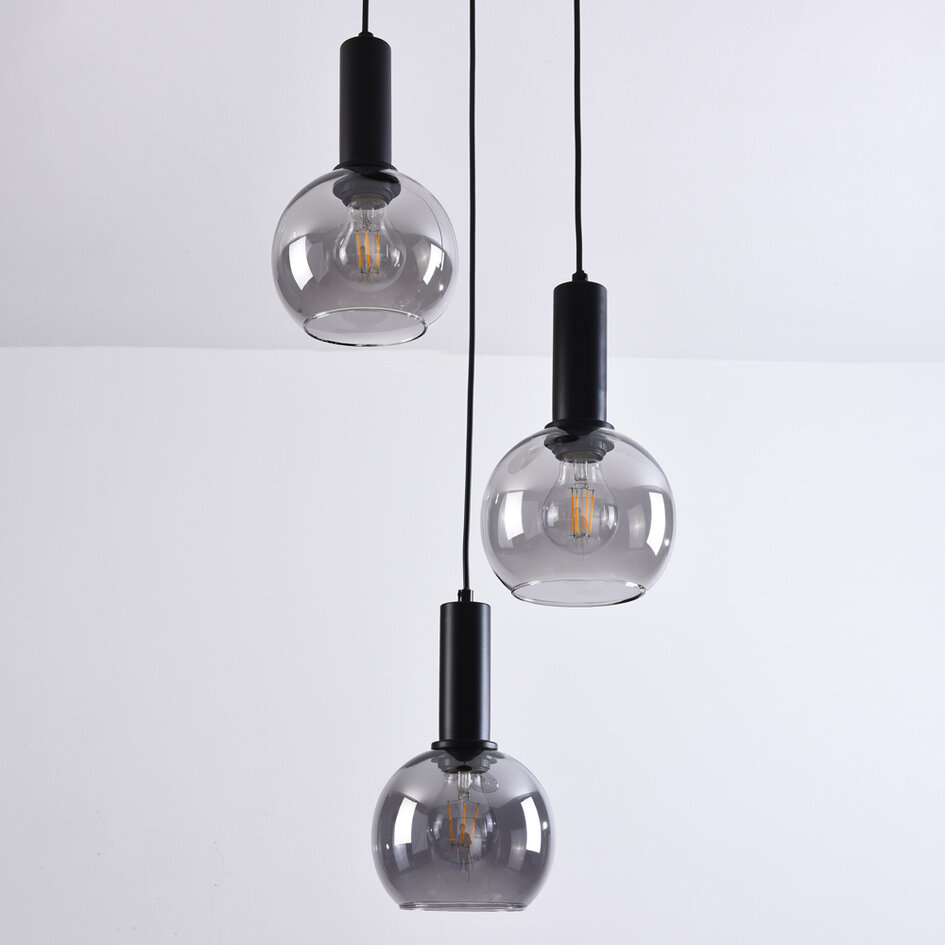 Zwarte hanglamp met smoke glas, 3-lichts - Imme