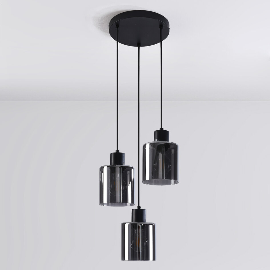3-lichts hanglamp Pella - smoke glas en zwart
