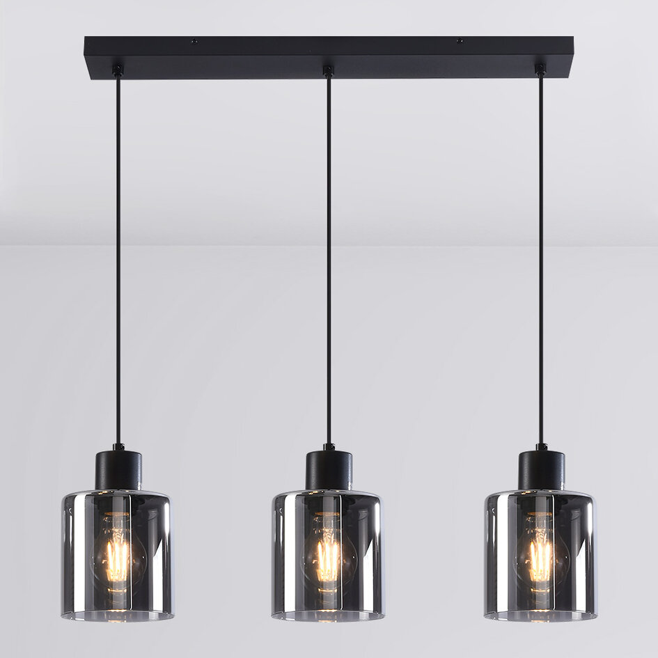 3-lichts hanglamp Palaio - smoke glas en zwart