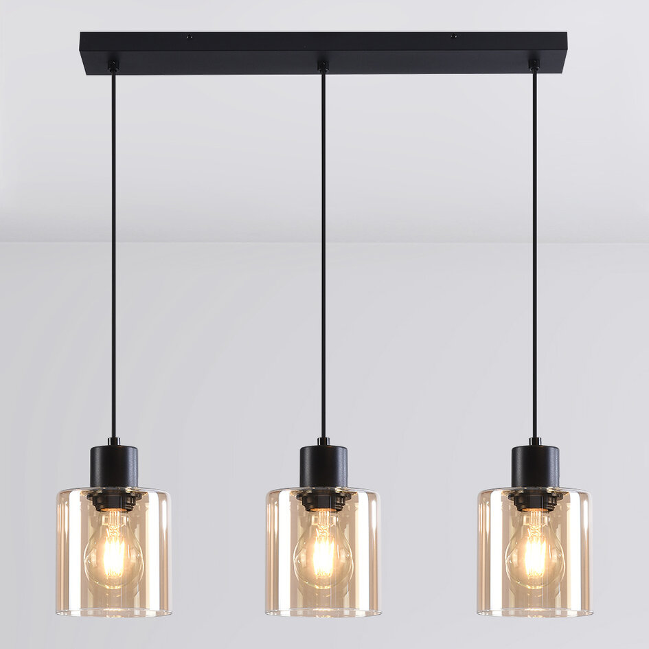 Zwarte hanglamp Palaio met amber glas, 3-lichts