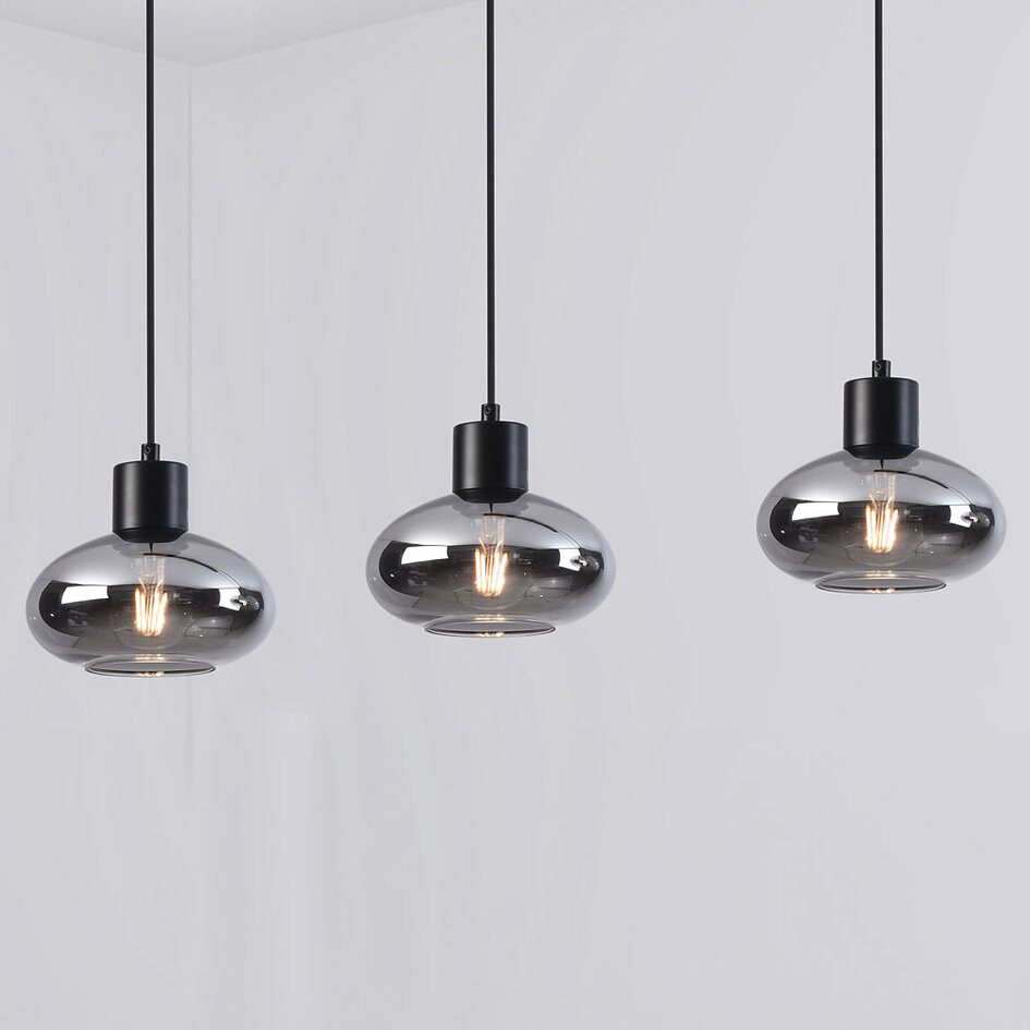 3-lichts hanglamp Vere - smoke glas en zwart