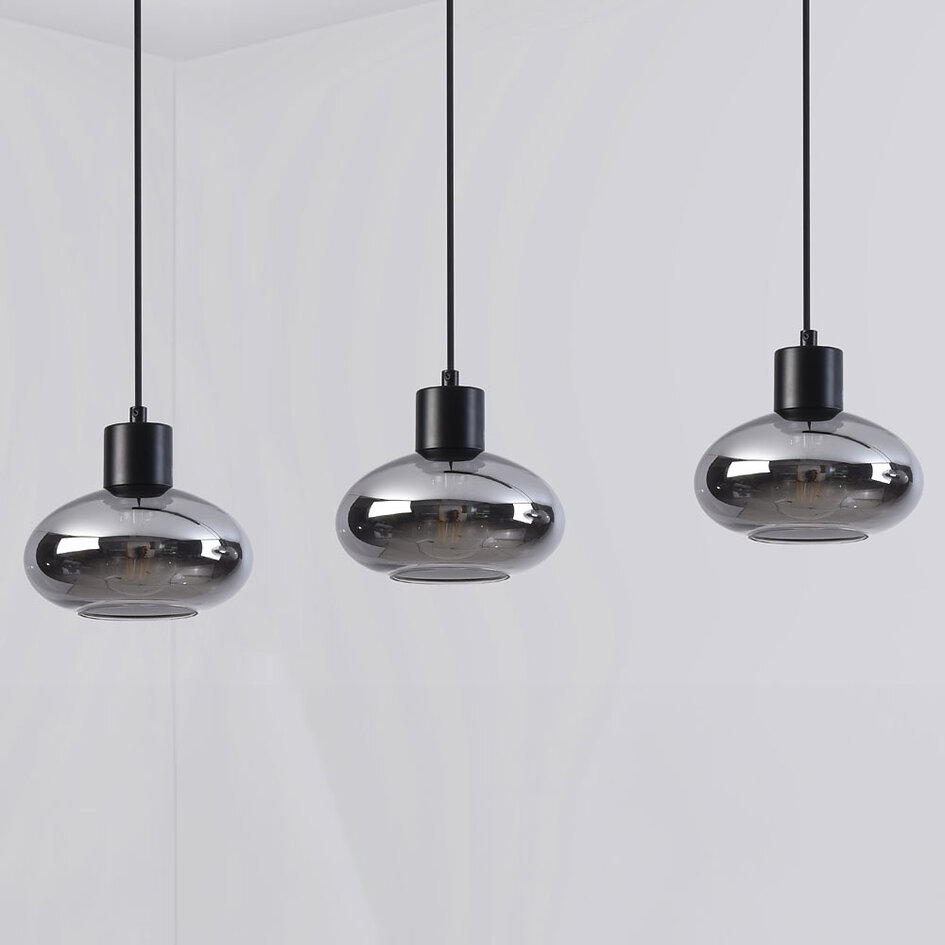 3-lichts hanglamp Vere - smoke glas en zwart