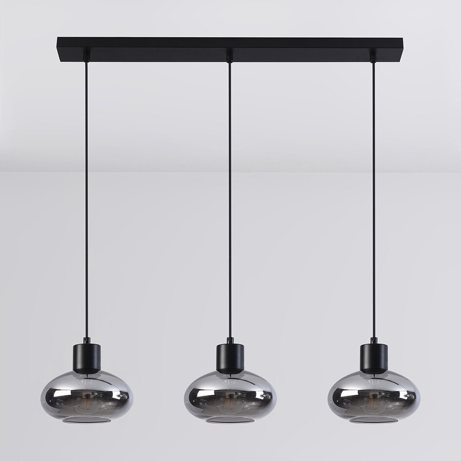 3-lichts hanglamp Vere - smoke glas en zwart