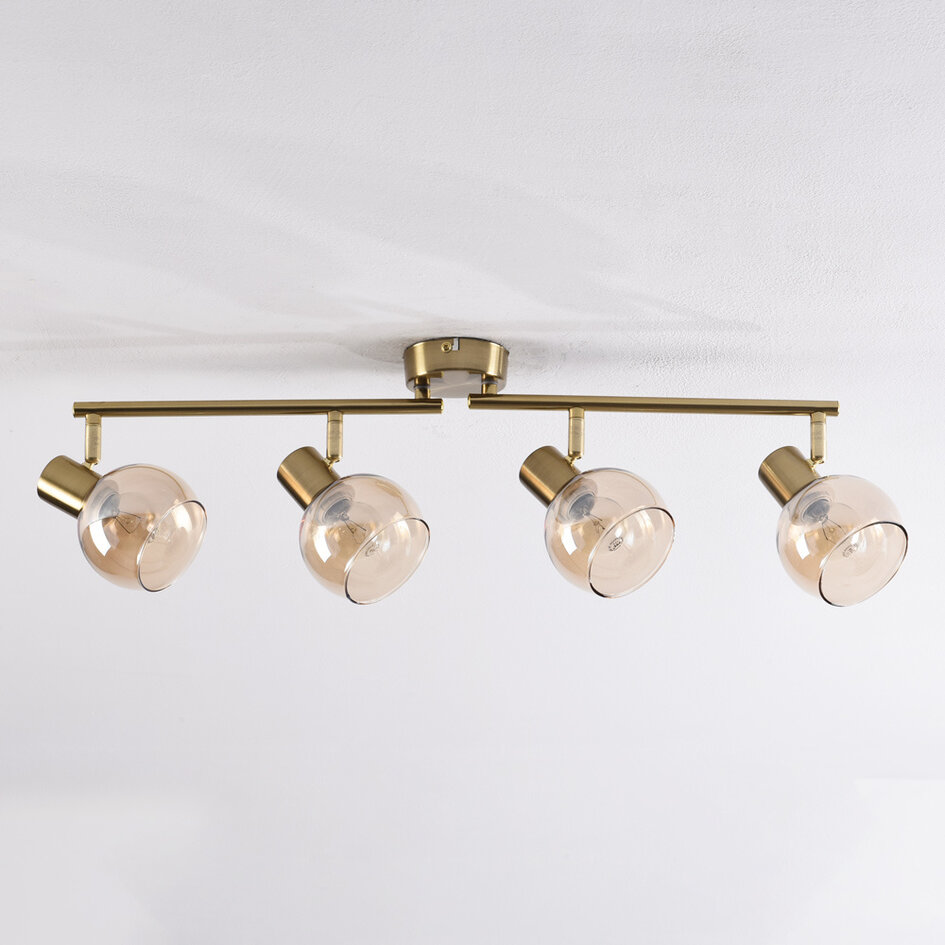4-lichts plafondlamp Pela - amber glas en messing goud