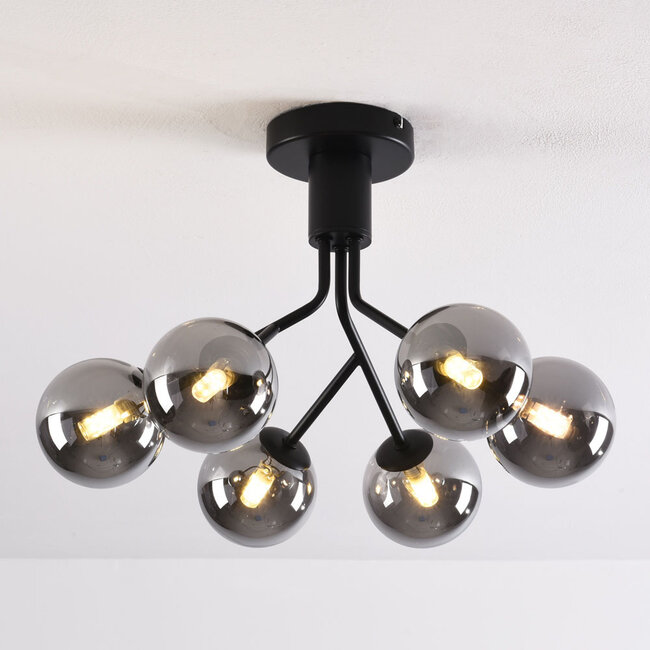 Zwarte plafondlamp met smoke glas en spiegeleffect, 6-lichts - Leon