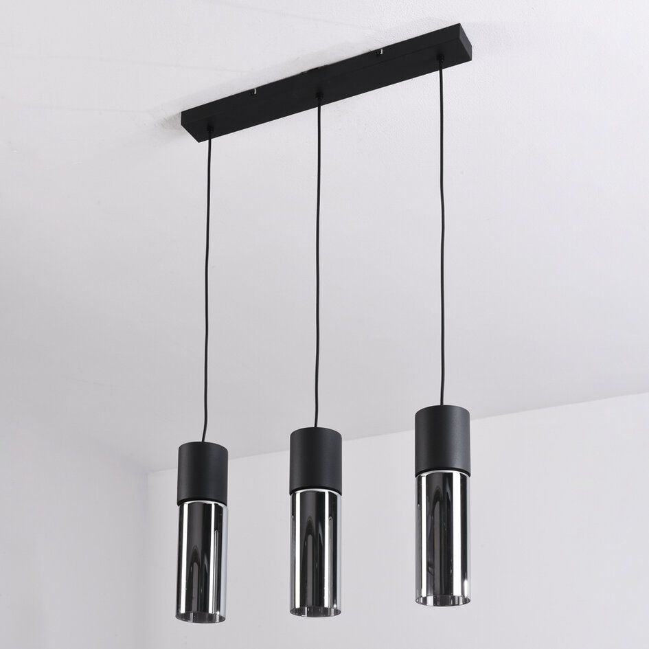 3-lichts hanglamp Esila - smoke glas en zwart langwerpig