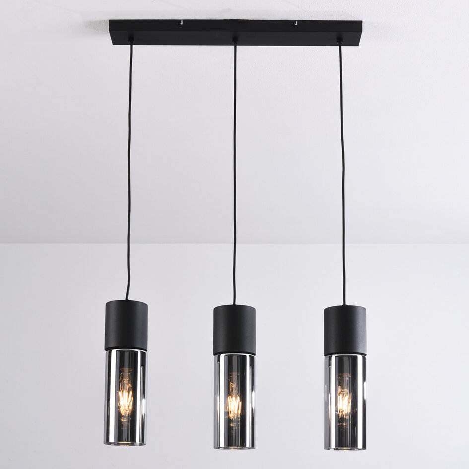 3-lichts hanglamp Esila - smoke glas en zwart langwerpig