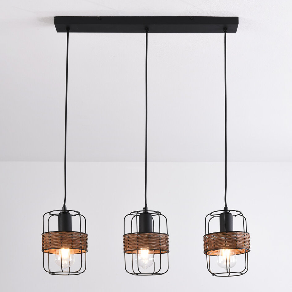 Industriële hanglamp Hira - zwart met geweven rotan