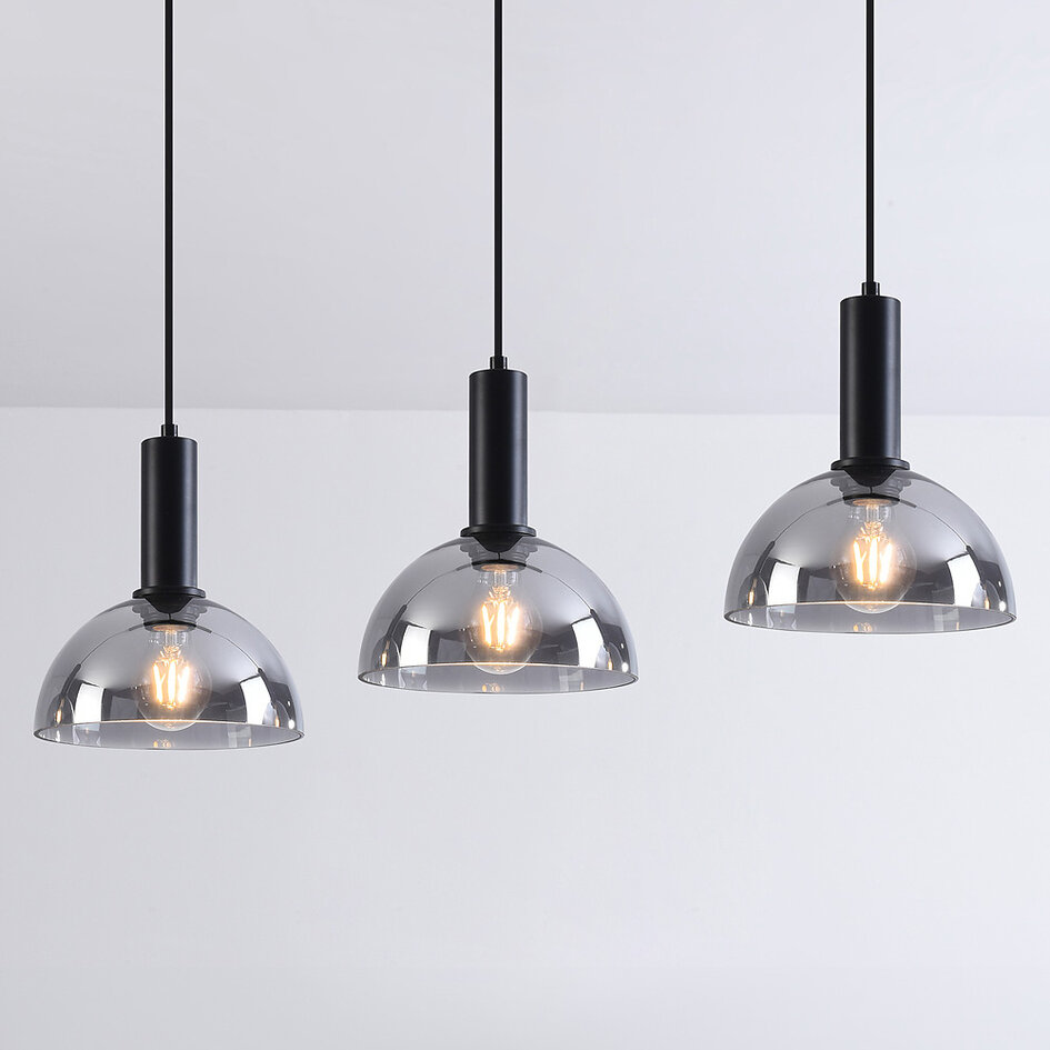 Zwarte hanglamp met smoke glas, 3-lichts - Filiz