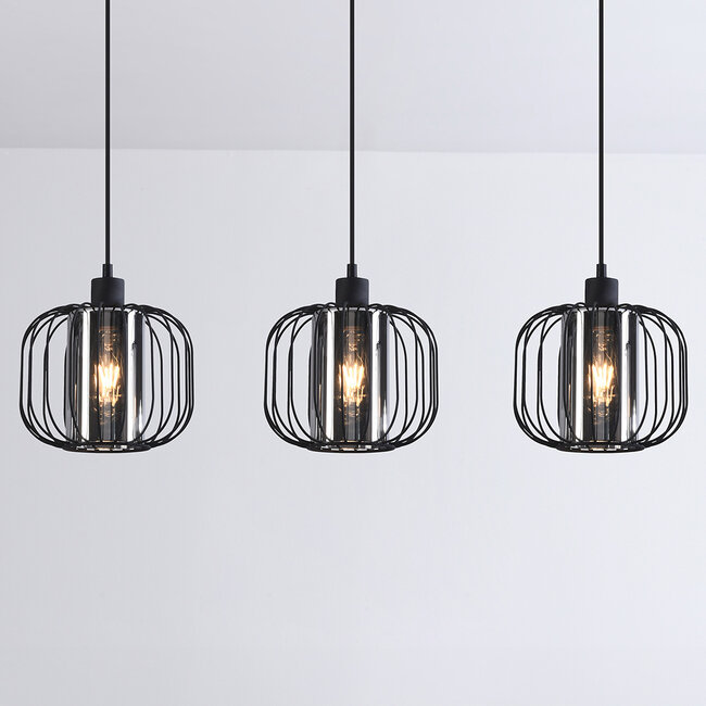 Hanglamp Dilan met smoke glas, 3-lichts - zwart
